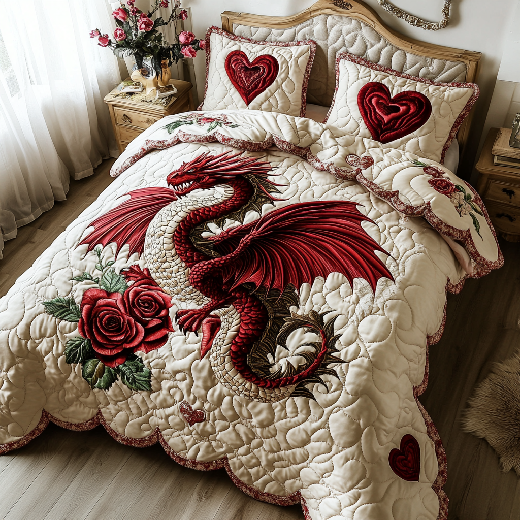 Blooming Dragon 3-Piece Quilted Bedding Set