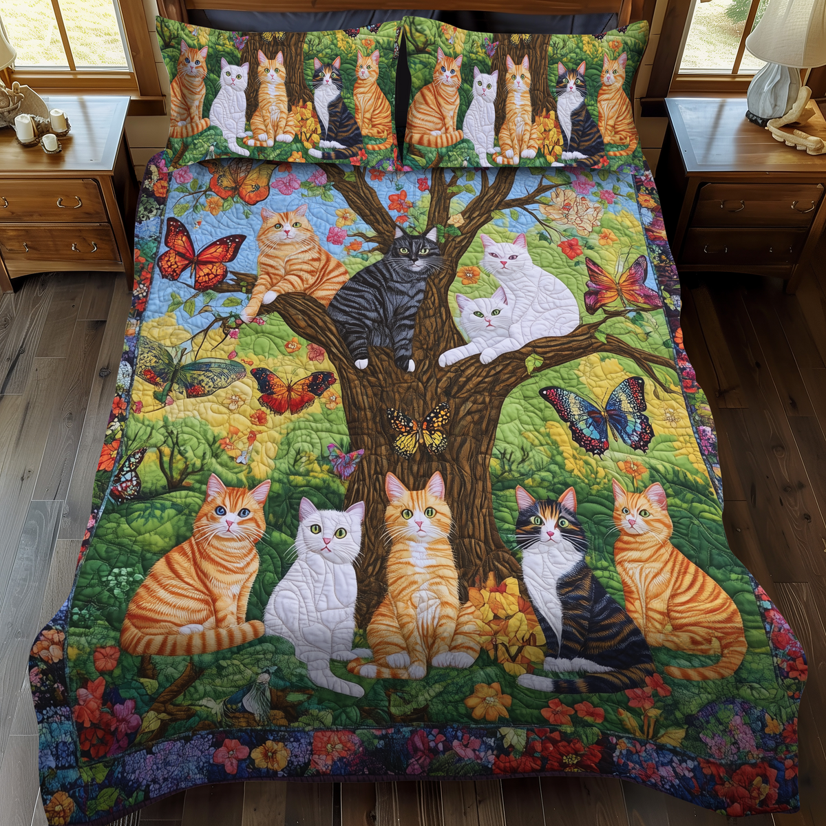 Blooming Purrfection 3-Piece Quilted Bedding Set