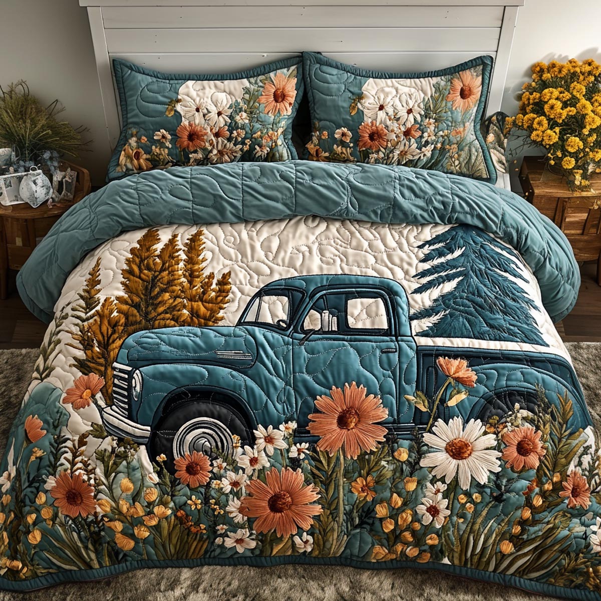 Blossom Truck 3-Piece Quilted Bedding Set