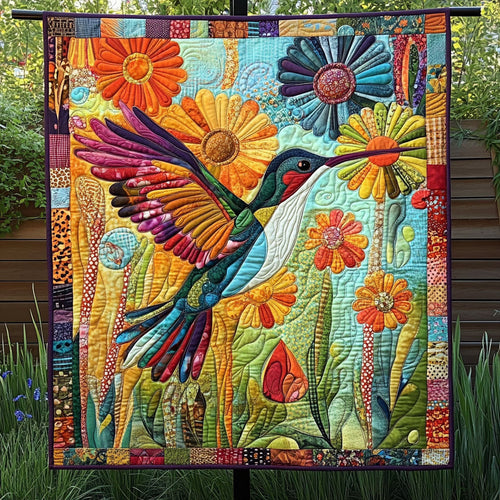 Blossoming Hummingbird Quilted Blanket