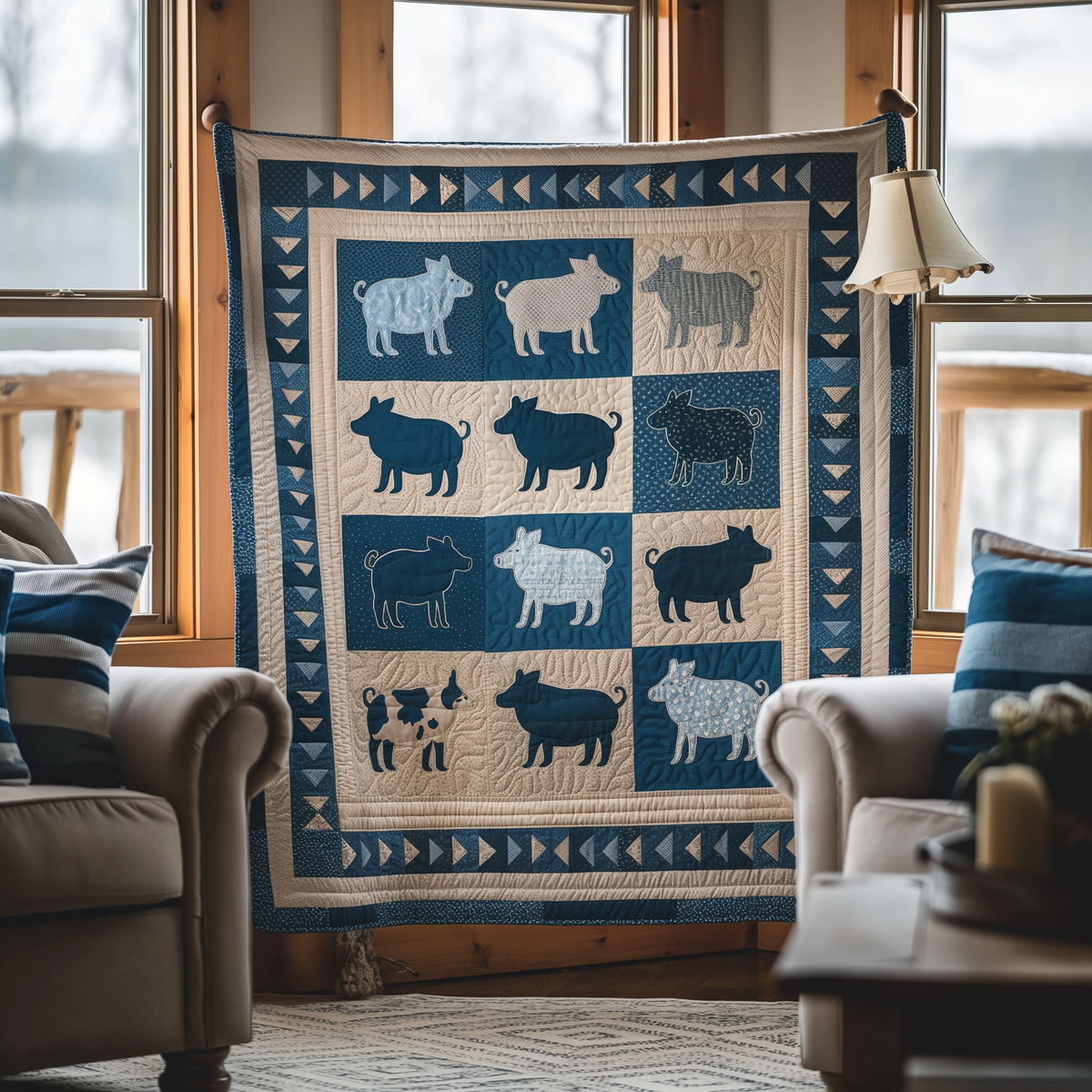 Blue Barnyard Pig Quilted Blanket
