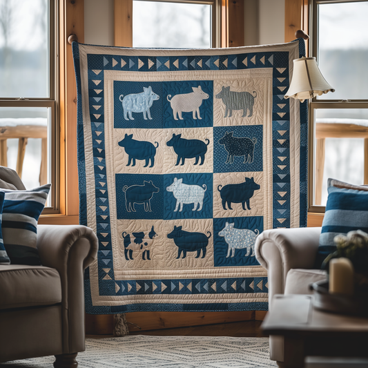 Blue Barnyard Pig Quilted Blanket