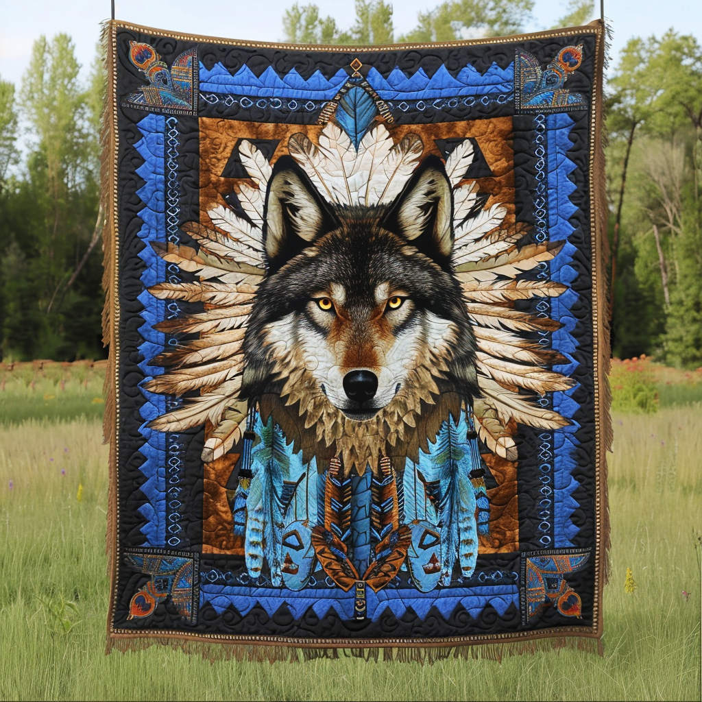 Blue Native Wolf Quilted Blanket