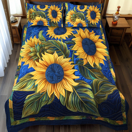 Blue Night Sunflower 3-Piece Quilted Bedding Set