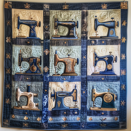 Blue Sewing Machine Quilted Blanket