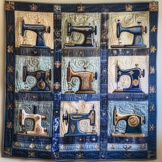 Blue Sewing Machine Quilted Blanket