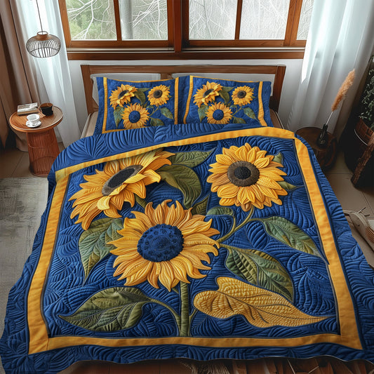 Blue Sunflower Dream 3-Piece Quilted Bedding Set