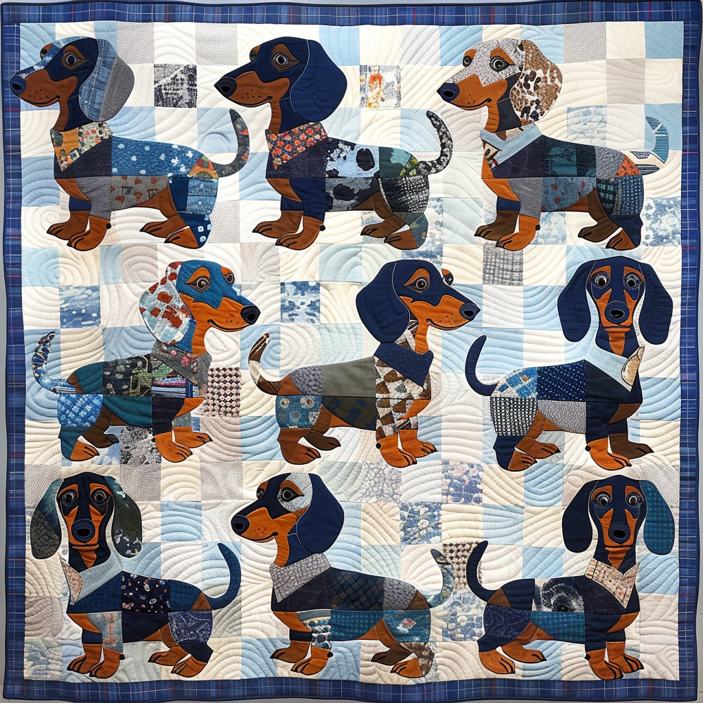 Blue Wiener Puppies Quilted Blanket