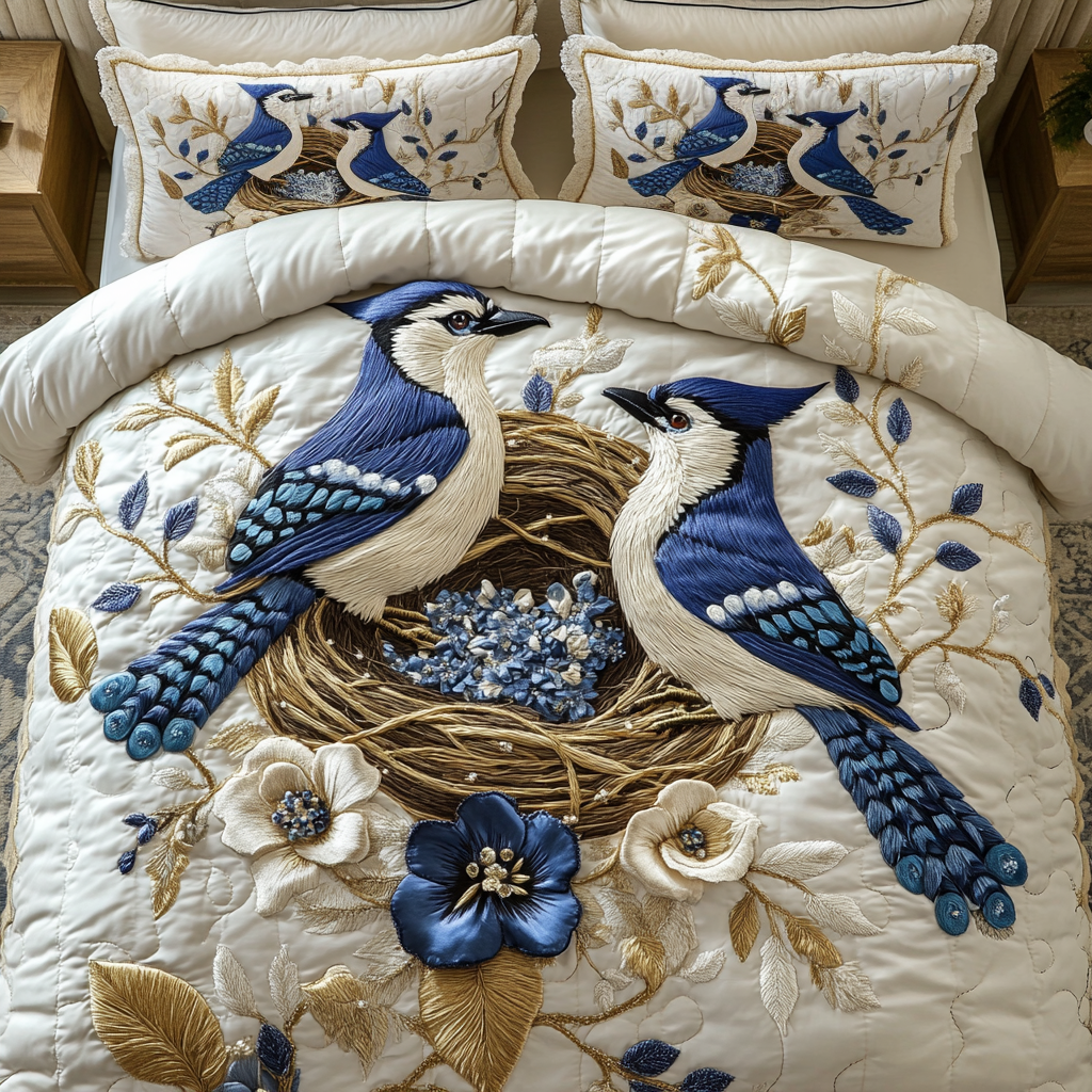 Blue Feather 3-Piece Quilted Bedding Set