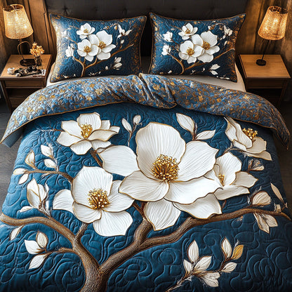 Blue Magnolia Elegance 3-Piece Quilted Bedding Set
