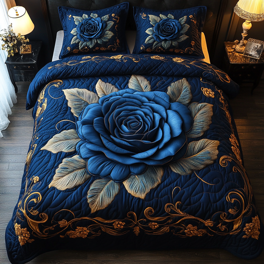 Blue Rose Elegance 3-Piece Quilted Bedding Set