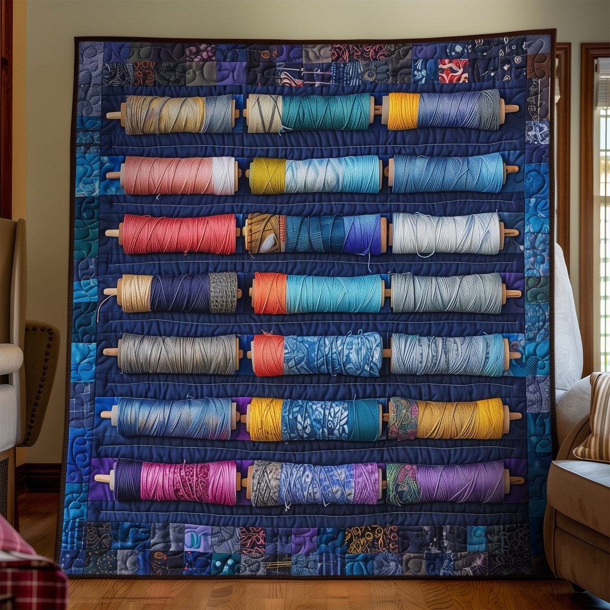 Bluish Spools Quilted Blanket