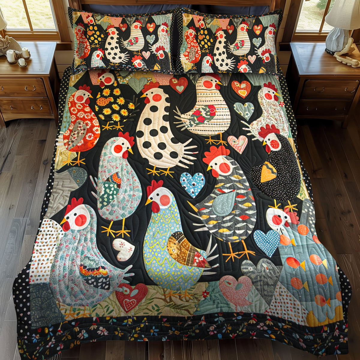 Blushing Hens 3-Piece Quilted Bedding Set