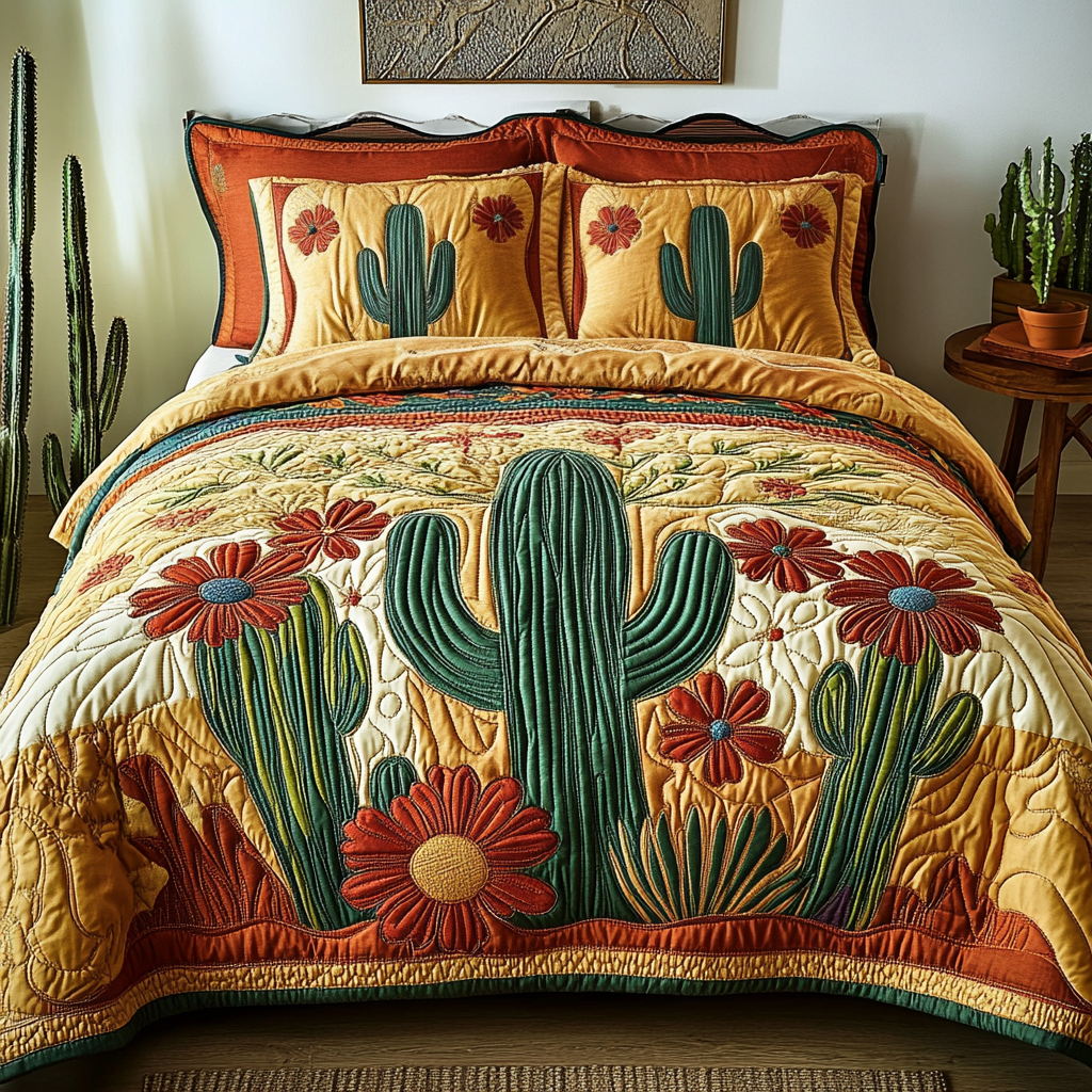 Boho Cactus 3-Piece Quilted Bedding Set