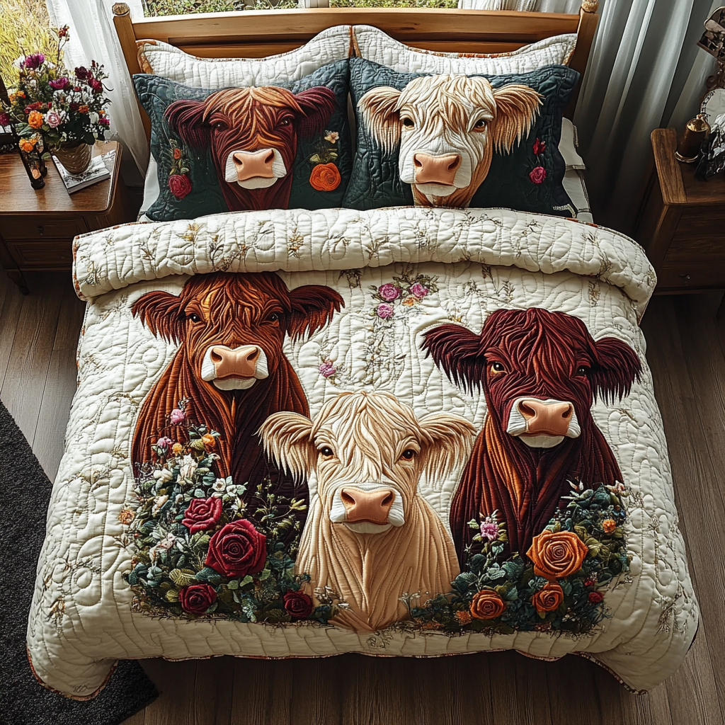 Highland Cow 3-Piece Quilted Bedding Set