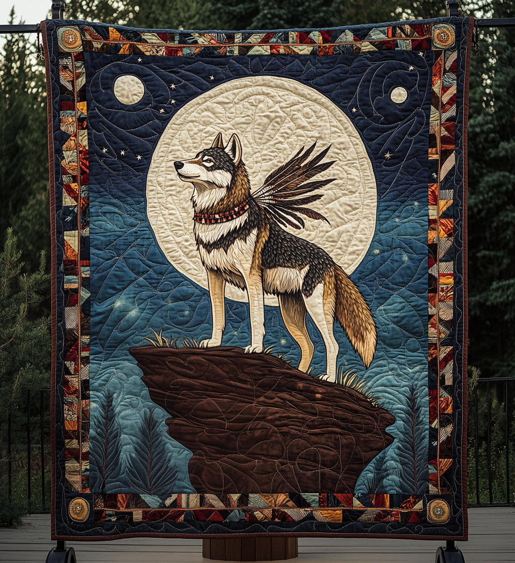 Brave Native Wolf Quilted Blanket