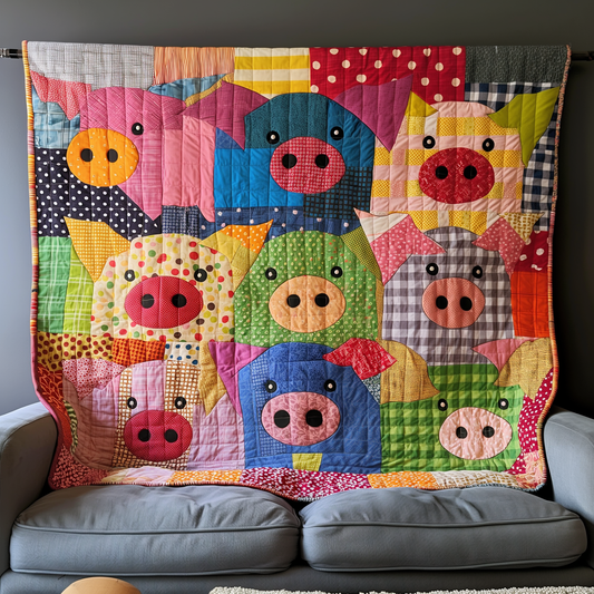 Bright Pig Parade Quilted Blanket