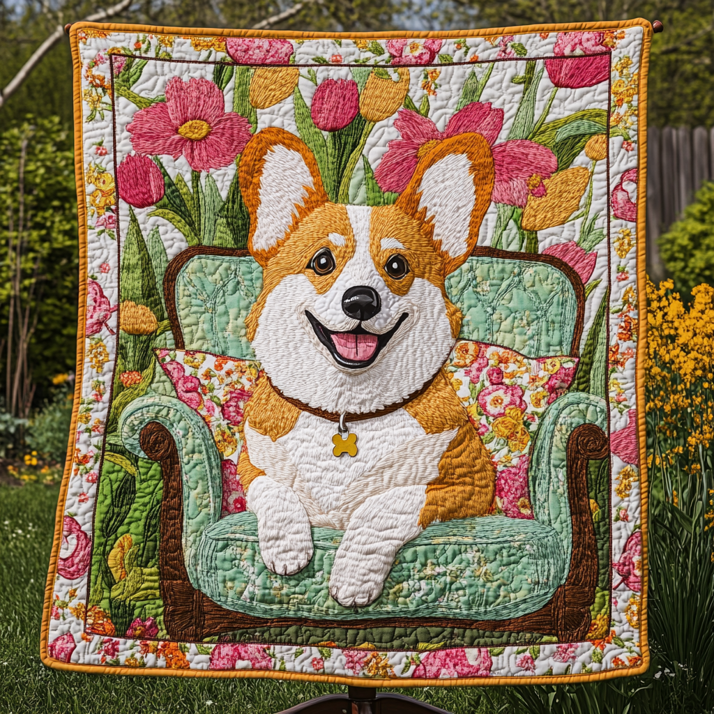 Bright Blooms and Corgi Smiles Quilted Blanket