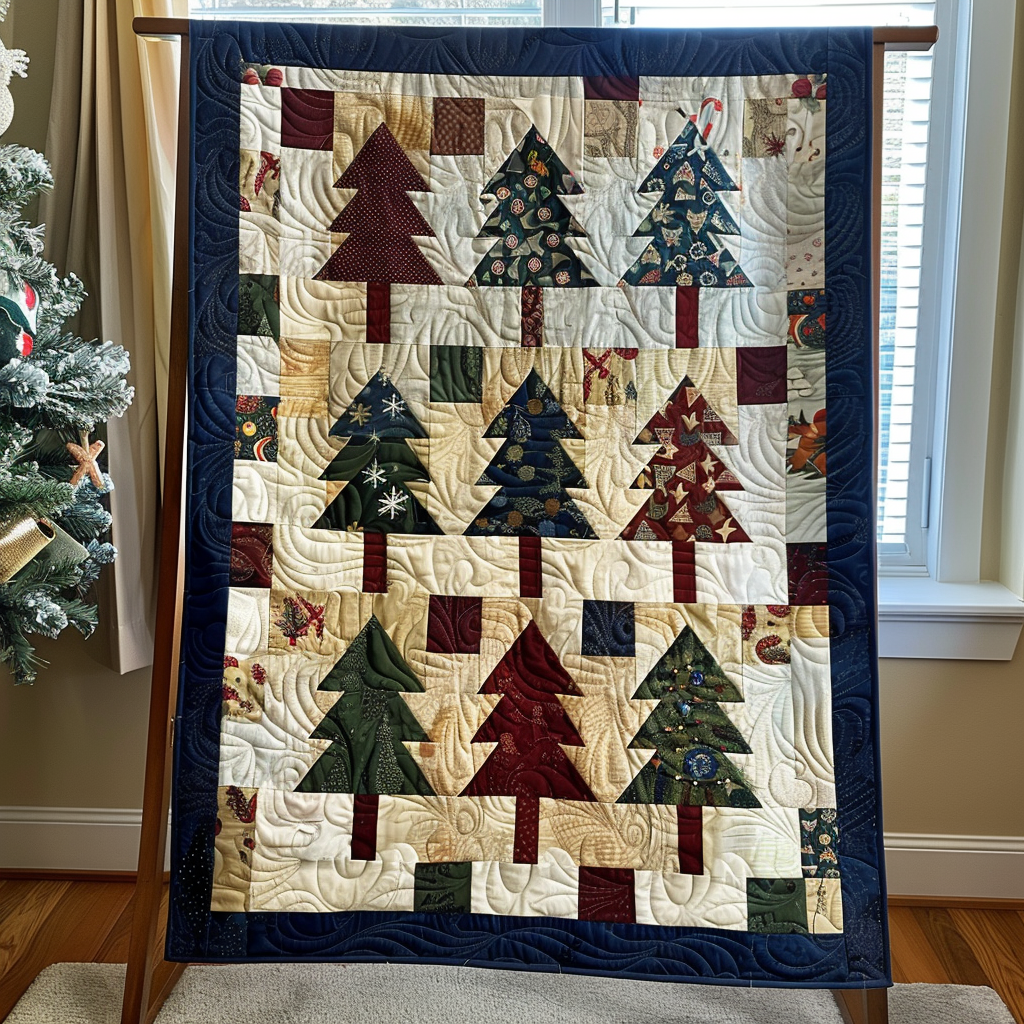 Bright Christmas Tree Quilted Blanket