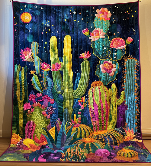 Cacti Night Quilted Blanket
