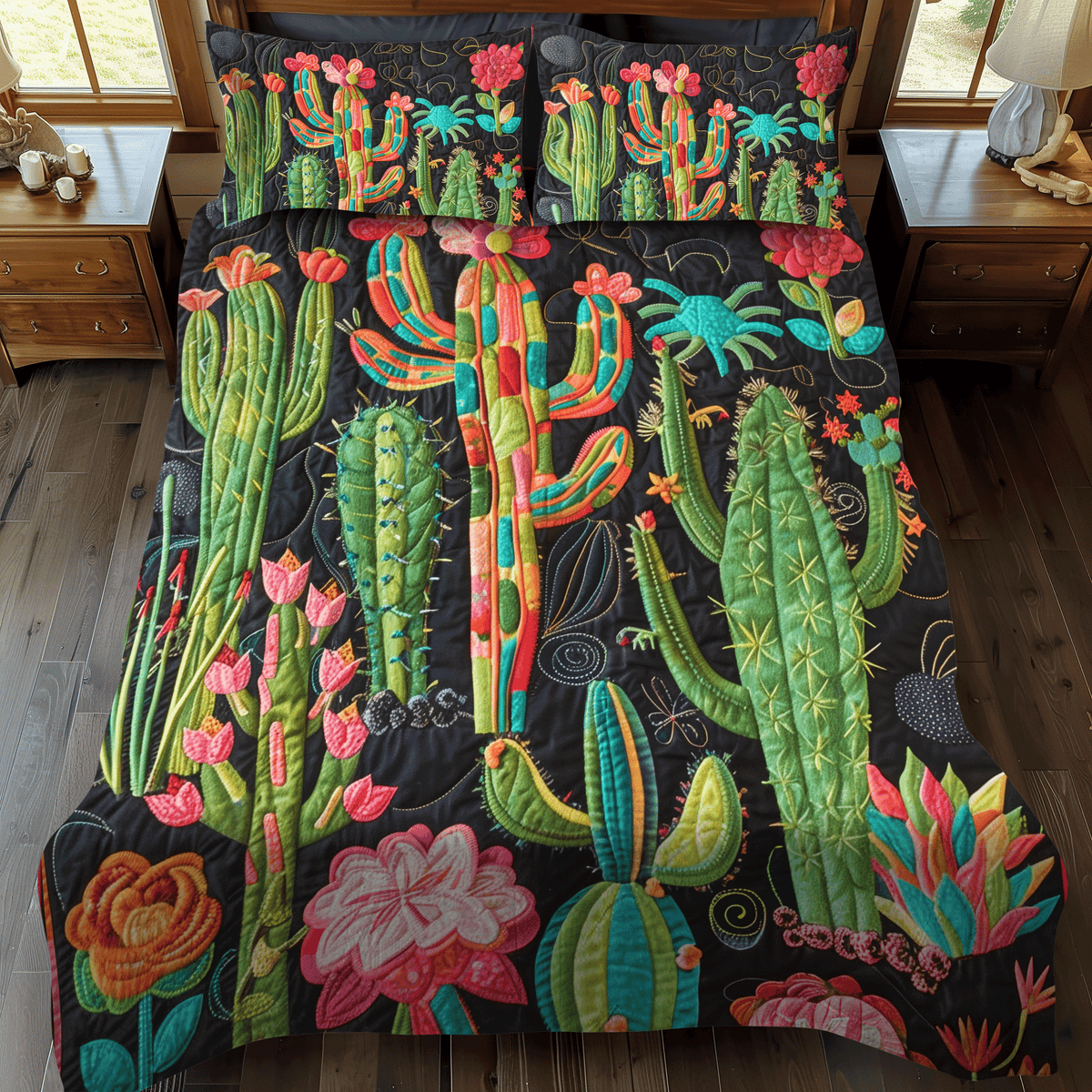 Cactus Desert Blossom 3-Piece Quilted Bedding Set