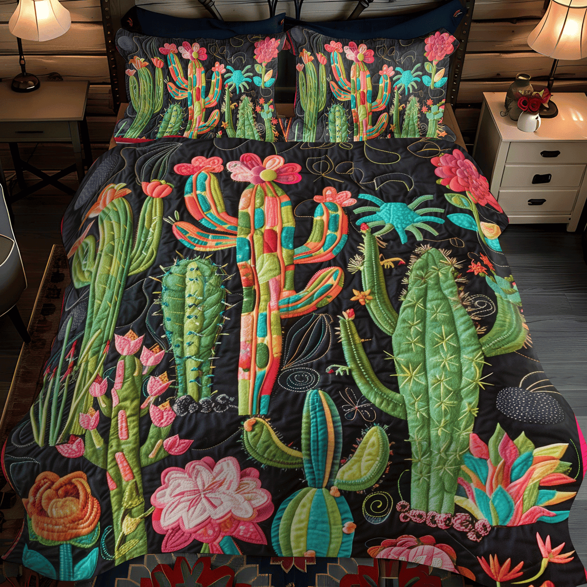 Cactus Desert Blossom 3-Piece Quilted Bedding Set
