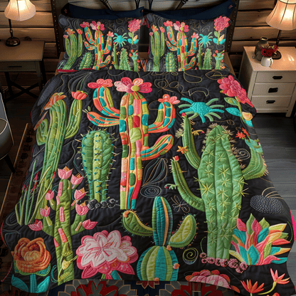 Cactus Desert Blossom 3-Piece Quilted Bedding Set