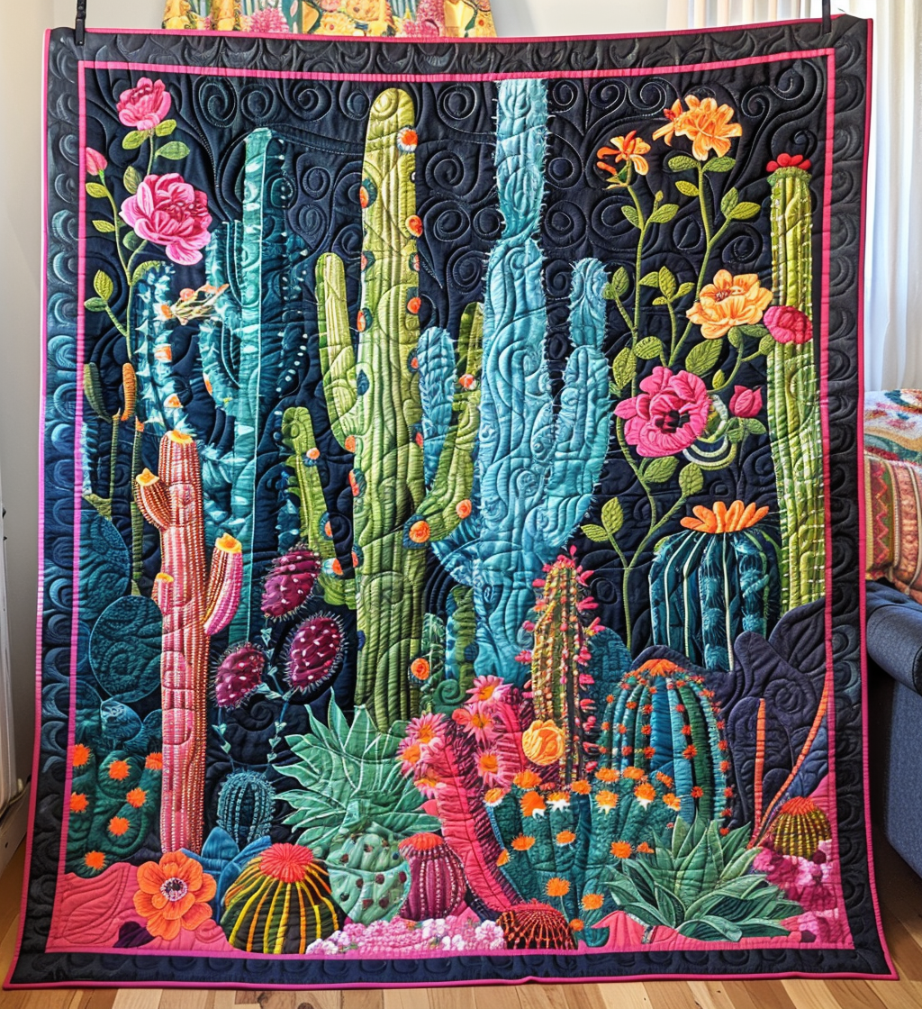 Cactus Garden Symphony Quilted Blanket