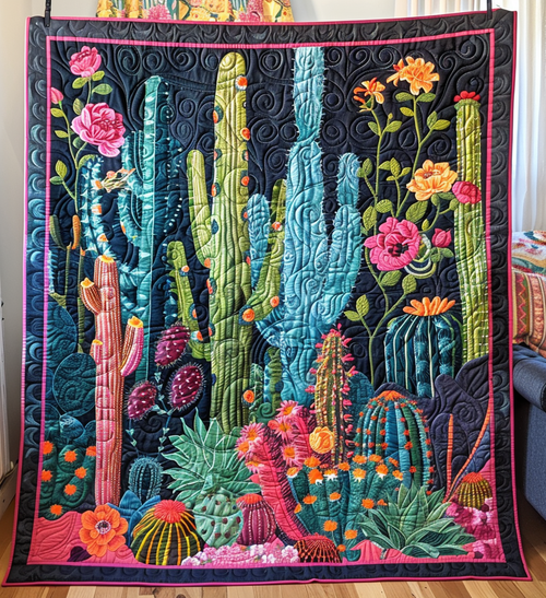 Cactus Garden Symphony Quilted Blanket