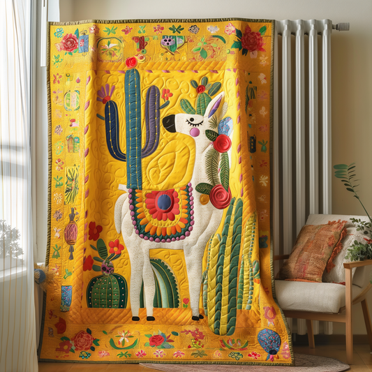 Cactus Paradise With Llamas Quilted Blanket