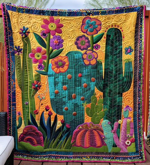 Cactus Sunrise Symphony Quilted Blanket