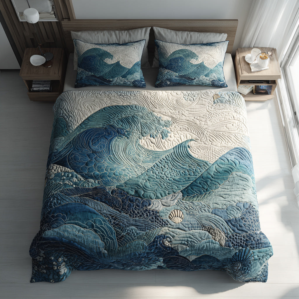Calming Ocean Waves 3-Piece Quilted Bedding Set