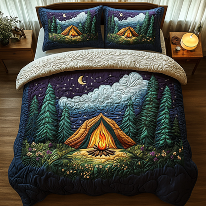 Camping Tent Forest Night 3-Piece Quilted Bedding Set