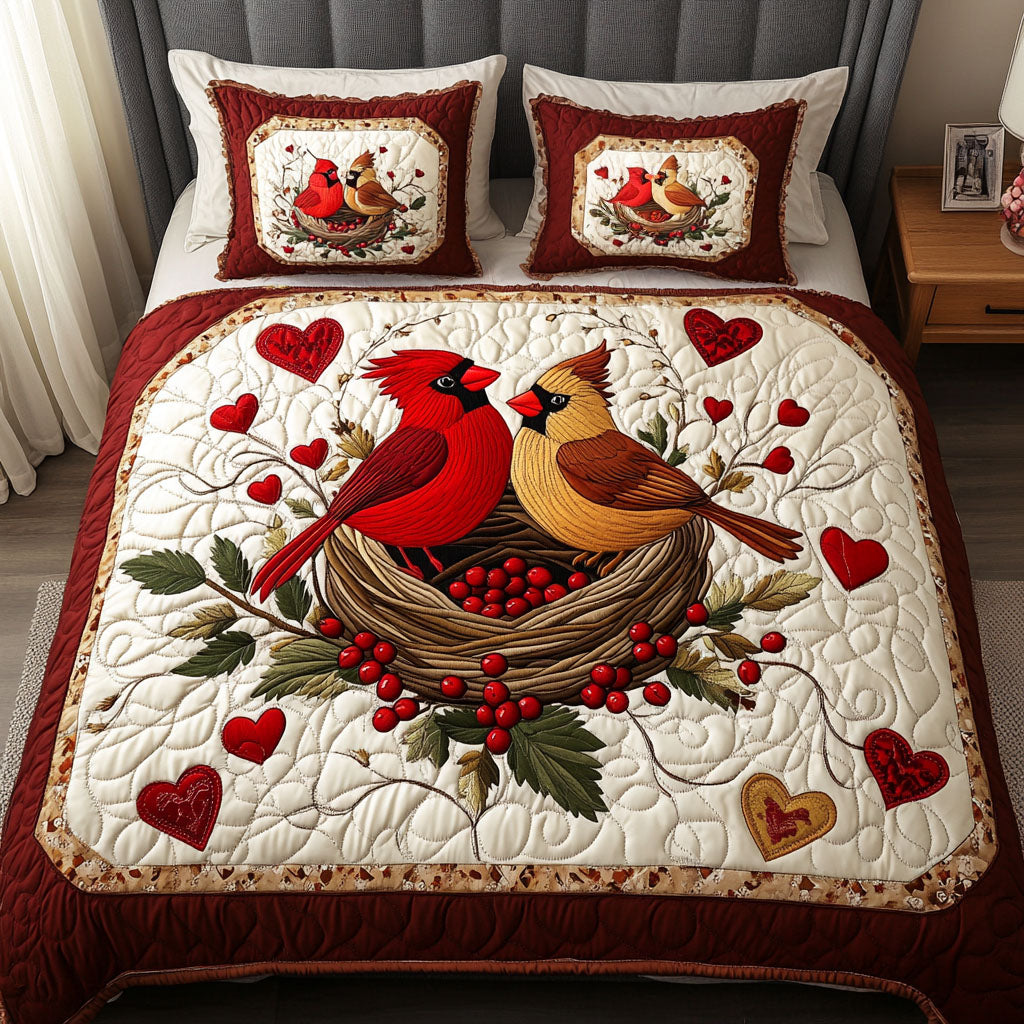 Cardinal Love Circle 3-Piece Quilted Bedding Set