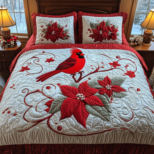 Cardinal Poinsettia Delight 3-Piece Quilted Bedding Set