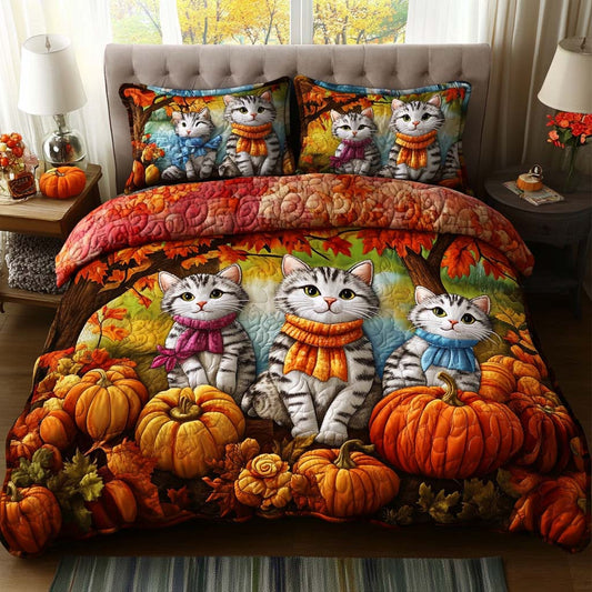 Cat Harvest Time 3-Piece Quilted Bedding Set