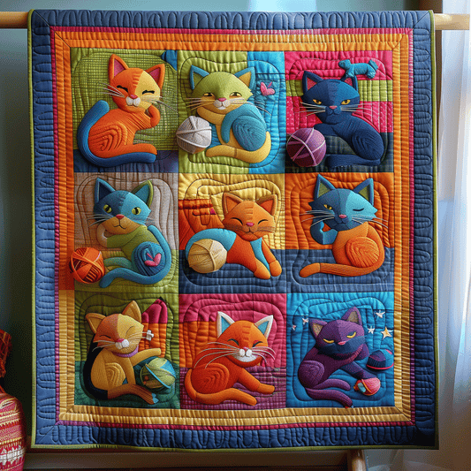 Cat Yarn Fiesta Quilted Blanket