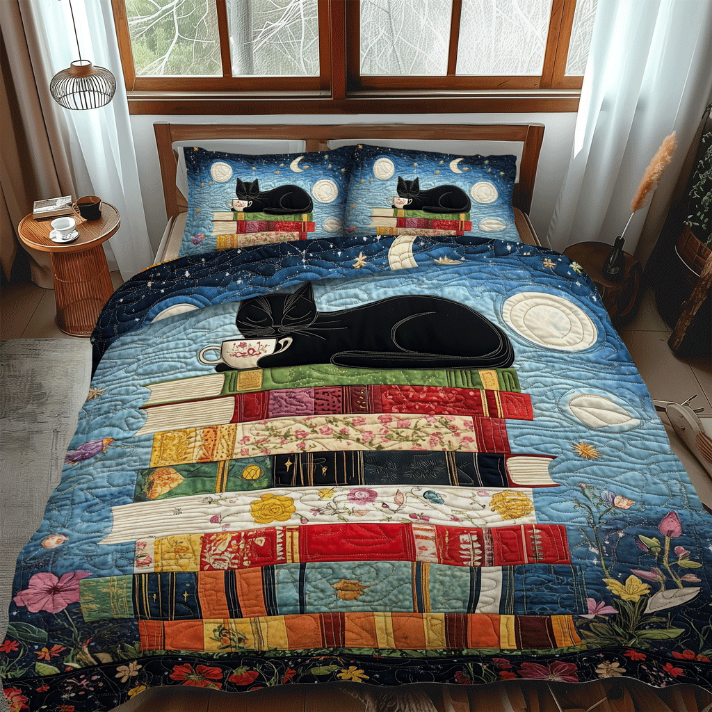 Catnap On Books 3-Piece Quilted Bedding Set