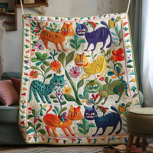 Cats In The Garden Quilted Blanket