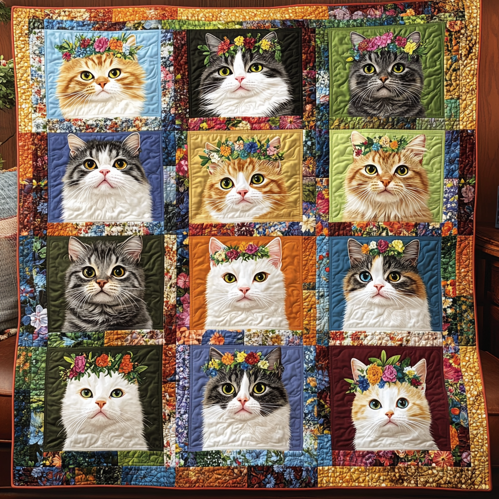 Cats with Blossoms Quilted Blanket