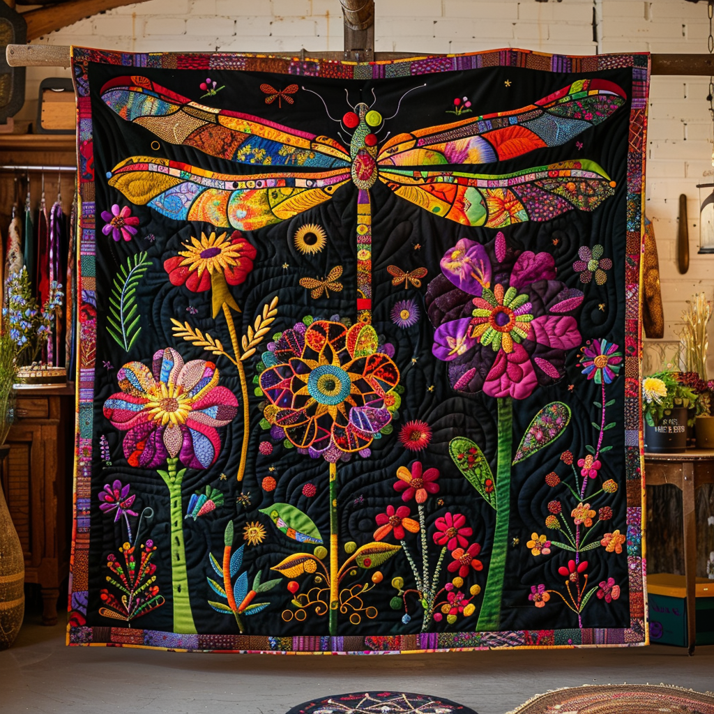 Charming Floral Dragonfly Quilted Blanket