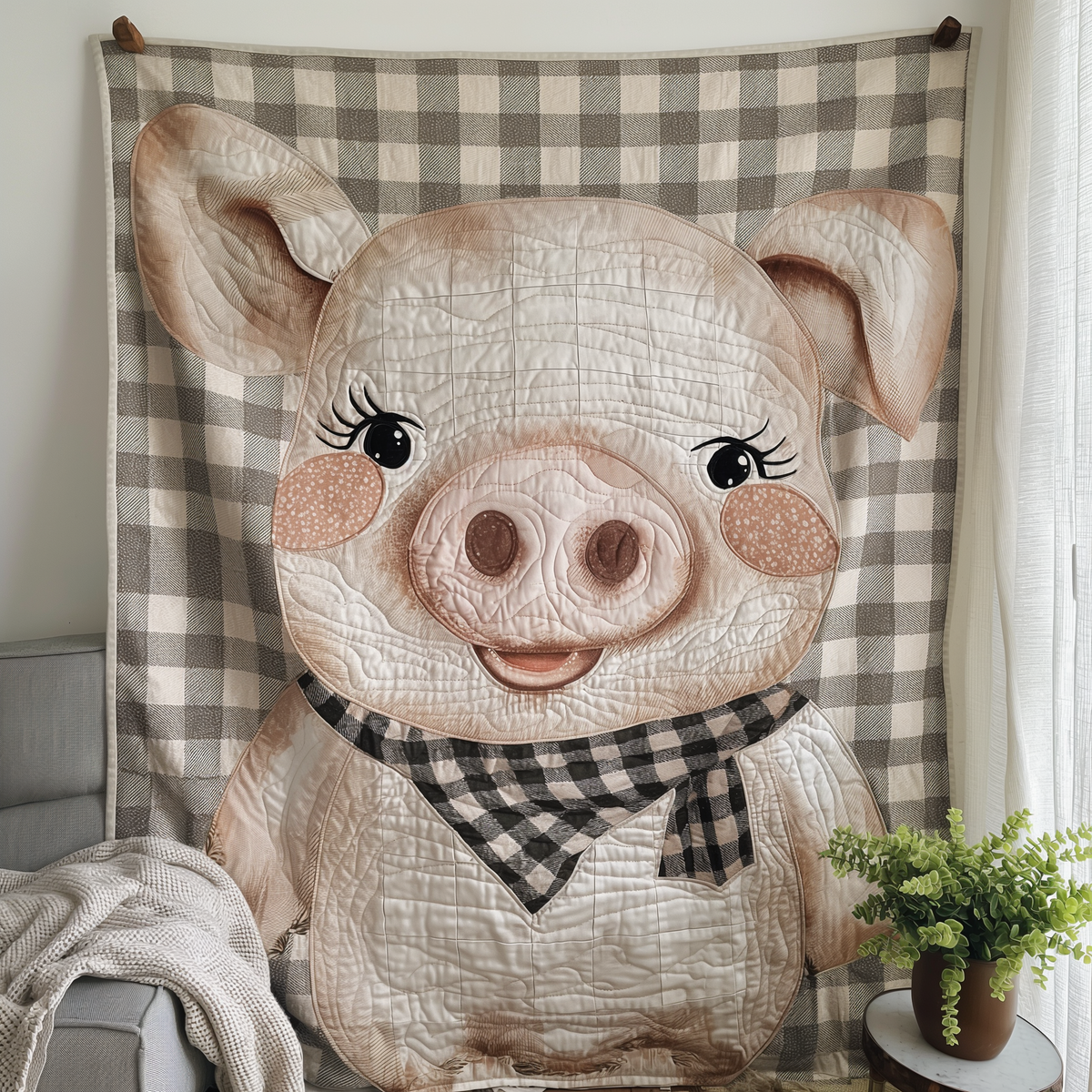 Checkered Scarf Pig Quilted Blanket