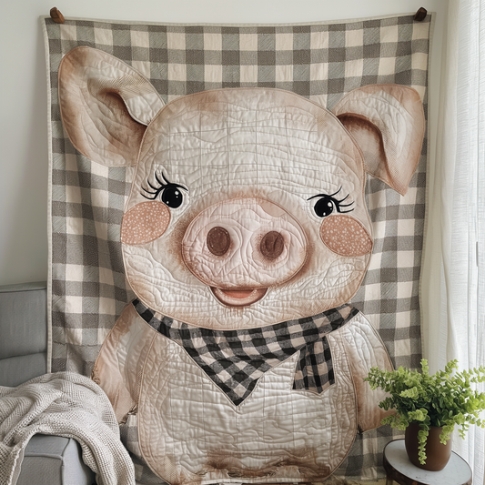 Checkered Scarf Pig Quilted Blanket