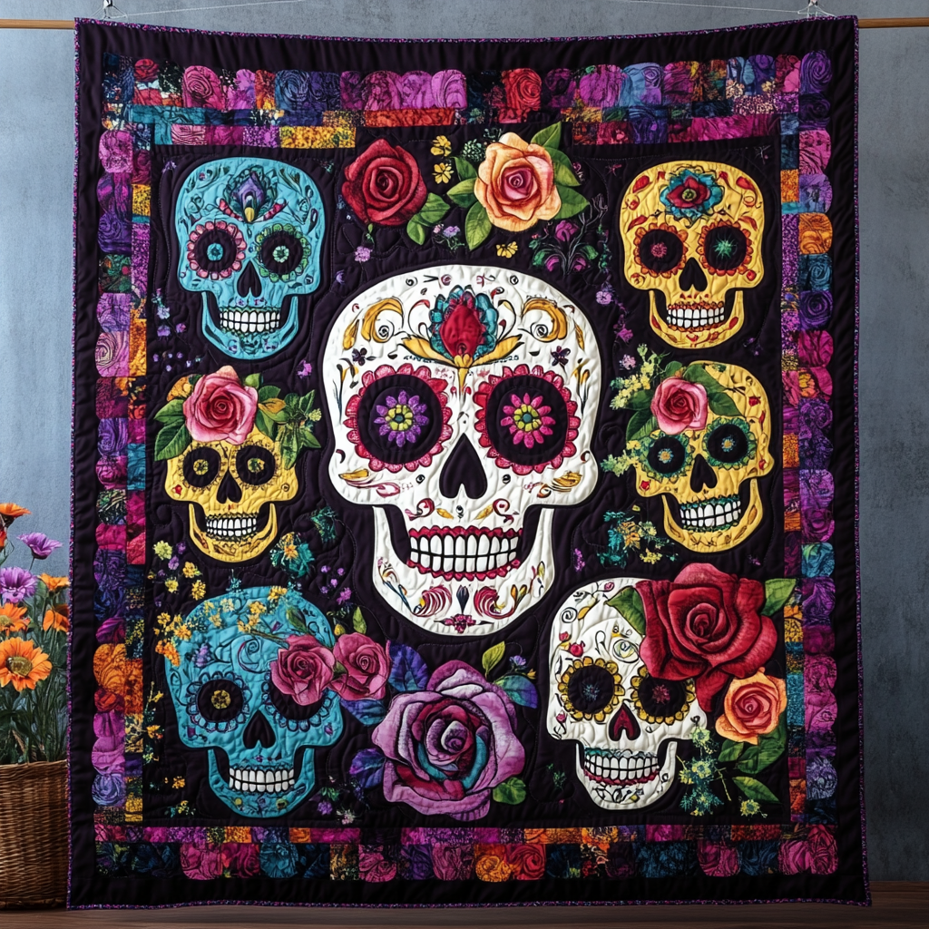 Cheerful Sugar Skull Quilted Blanket