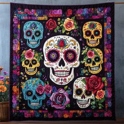 Cheerful Sugar Skull Quilted Blanket