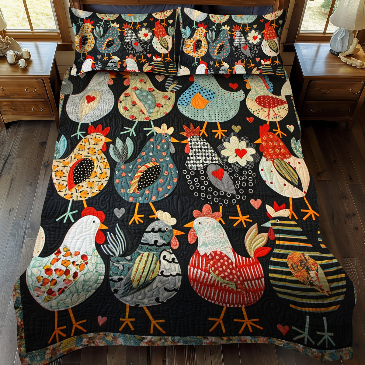 Chicken Paradise 3-Piece Quilted Bedding Set