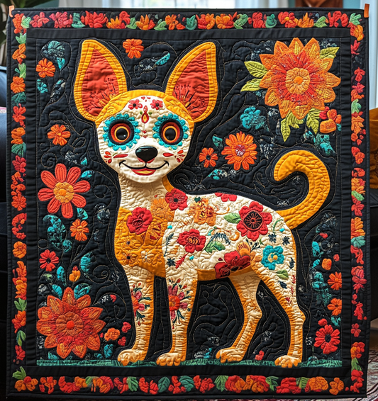 Chihuahua Dia De Los Muertos Quilted Blanket