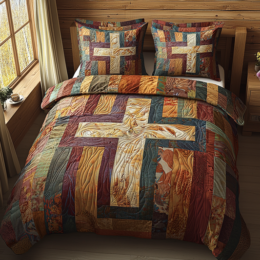 Christian Cross Blessings 3-Piece Quilted Bedding Set