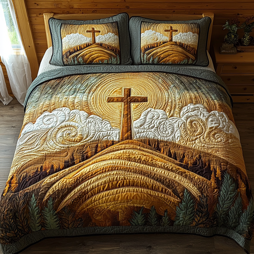 Christian Cross Sunrise 3-Piece Quilted Bedding Set