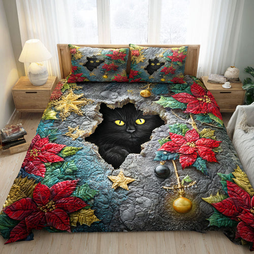 Christmas Eve Cat 3-Piece Quilted Bedding Set